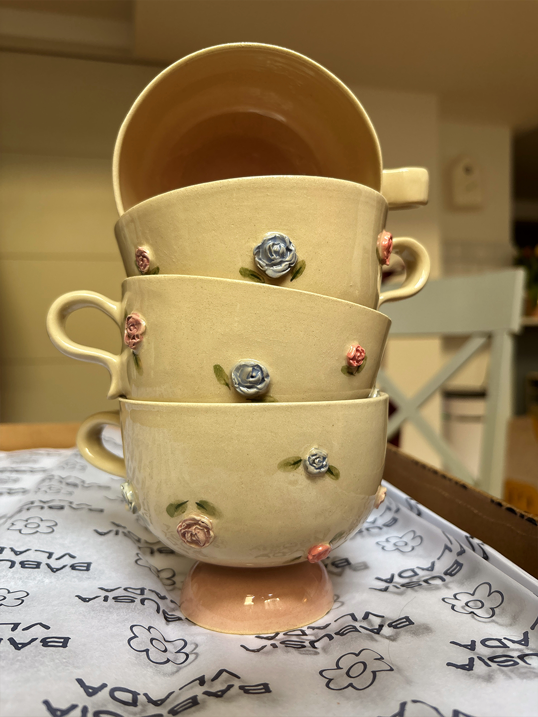 Handmade ceramic mug with roses and the text “you are my flower”