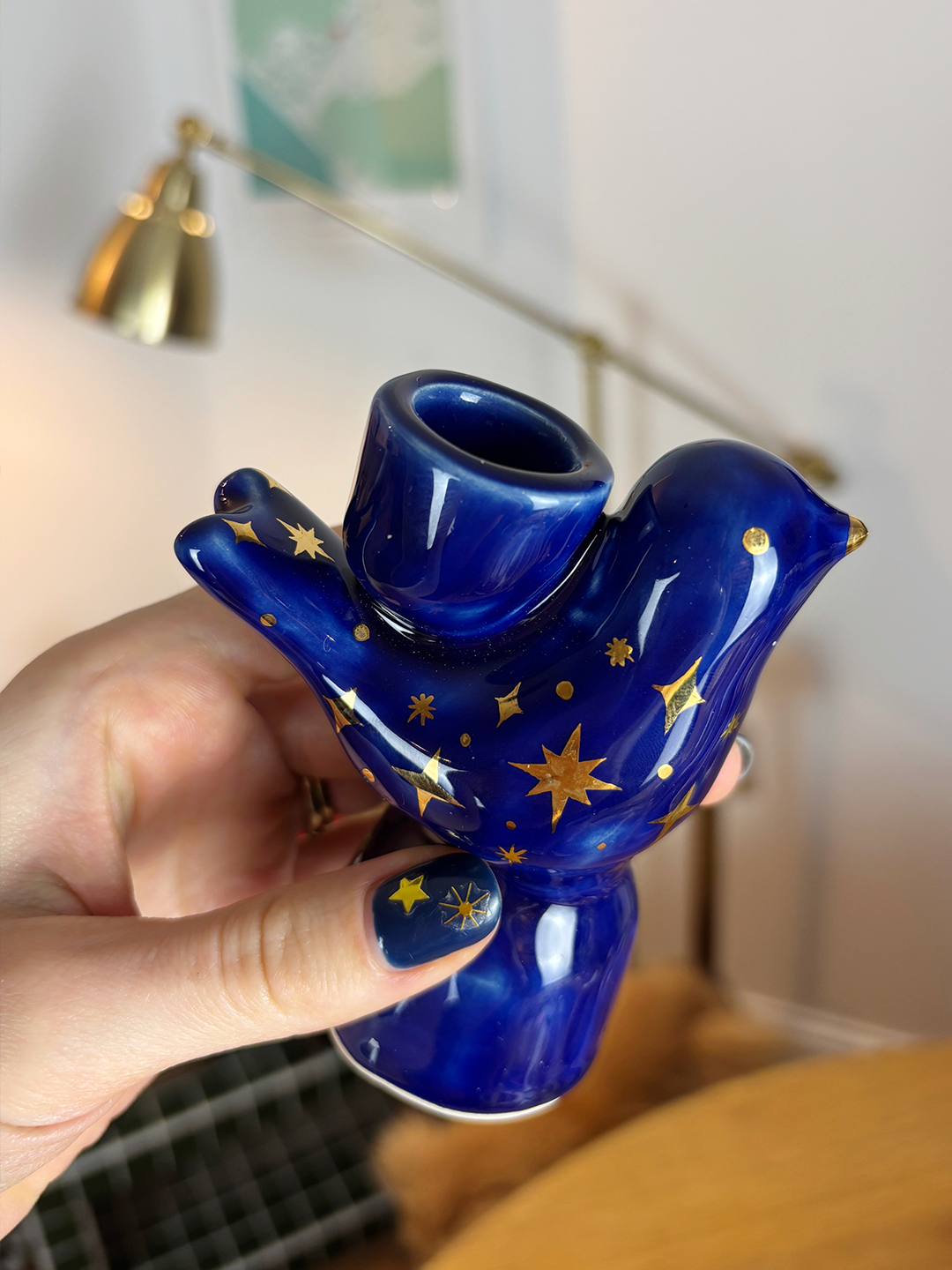 'Lastivochka candle holder with golden stars' - Ceramic candle holder in blue (small)