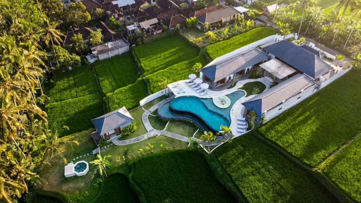 Aerial view of a luxurious house with a swimming pool and landscaped yard, surrounded by green fields and trees.