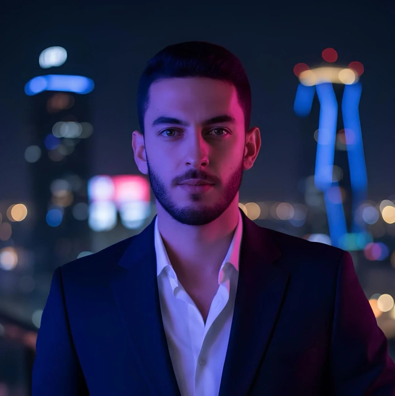 A young man in a dark suit and white shirt stands in front of a cityscape at night, illuminated by colorful neon lights and blurred building lights in the background.
