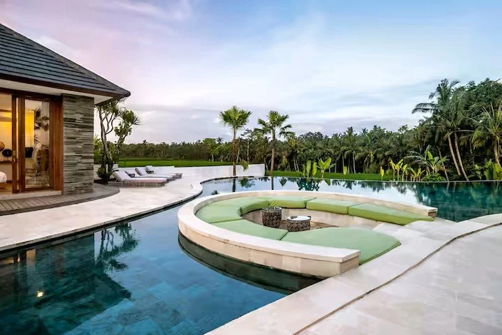 Luxury infinity pool with built-in circular seating area and surrounding tropical vegetation and palm trees.
