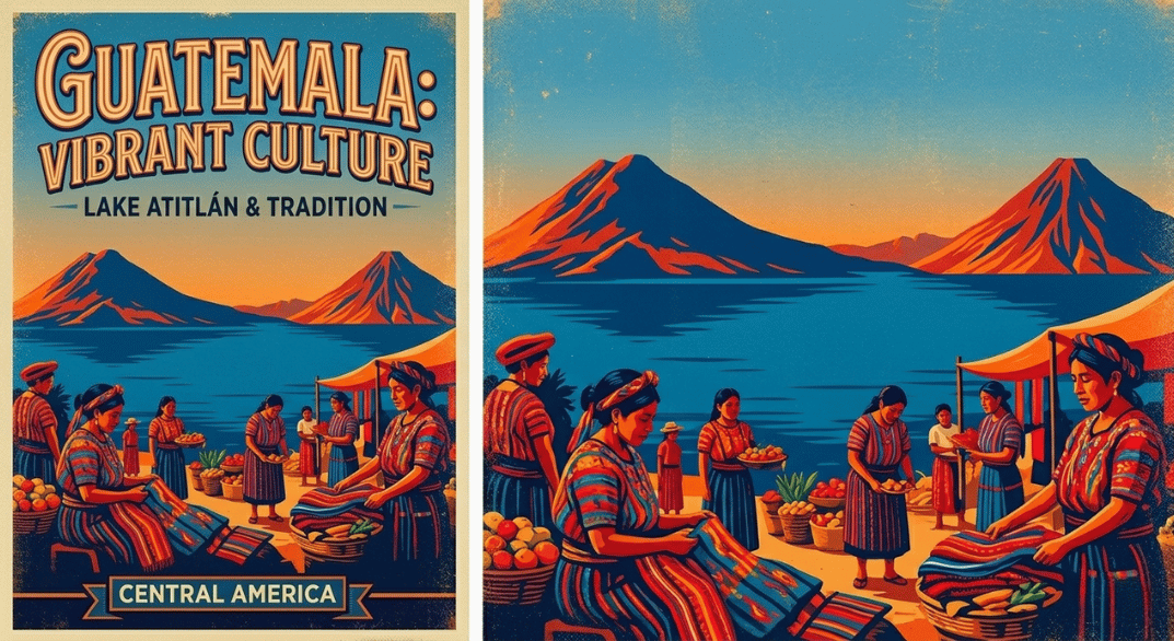 scenery surrounding Lake Atitlán and a market day in a highland village, with indigenous women in traditional, colorful textiles (traje) interacting near the shore. The deep blue lake and the conical Volcán Atitlán frame the backdrop