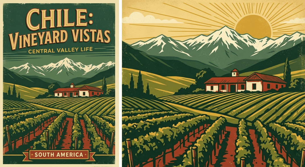 Rolling vineyards and traditional hacienda architecture set against the dramatic backdrop of the Andes mountains