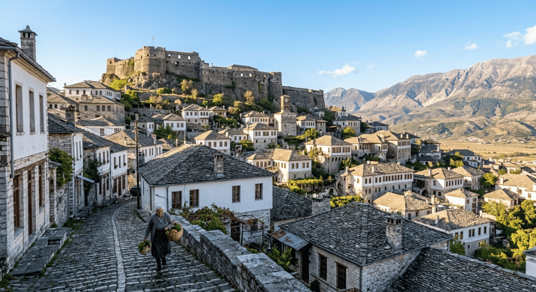 Distinctive architecture, showing the stone-roofed homes climbing the hills under the massive fortress.
