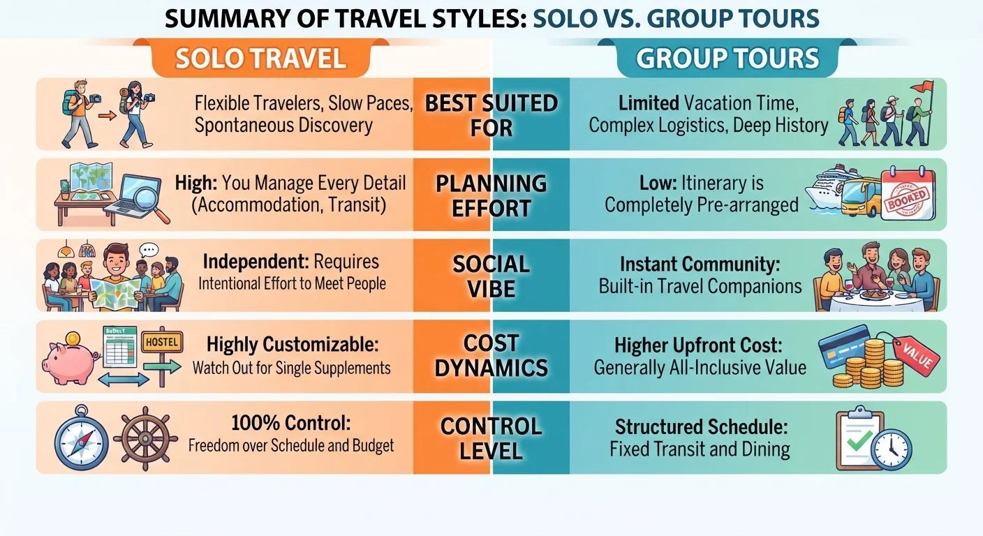 Infographic comparing solo travel vs group tours across five key categories: best suited for, planning effort, social vibe, cost dynamics, and control level. Includes illustrative travel icons with orange accents for solo travel and for group tours.