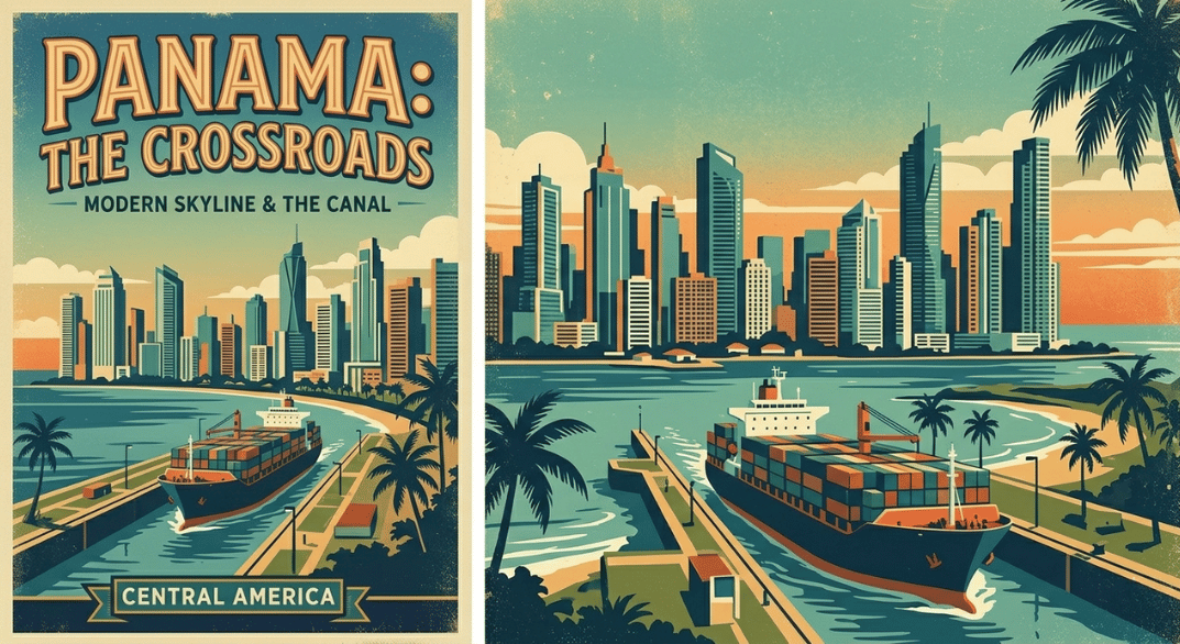 Panama City's dense, towering skyscrapers with the Panama Canal