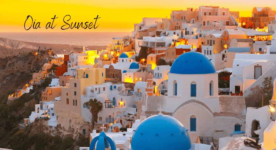 Oia Santorini Greece golden sunset with blue domed churches