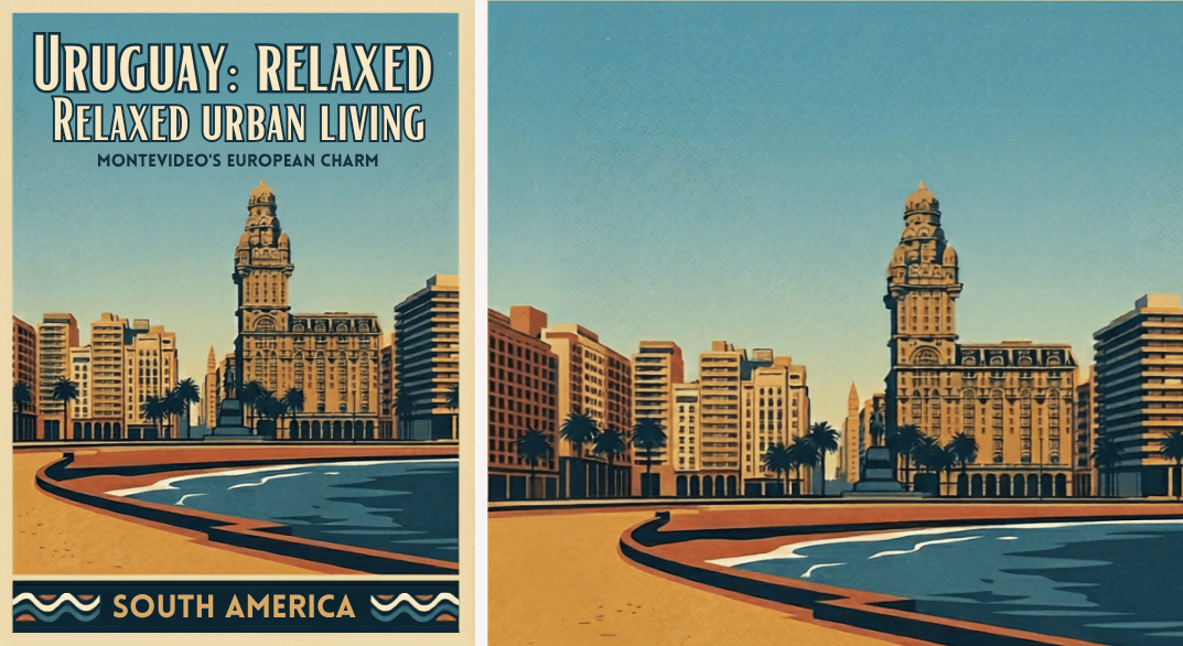 This poster showcases Montevideo's unique mix of historic European architecture and relaxed coastal living, perfectly capturing its reputation as a safe and stable urban haven.
