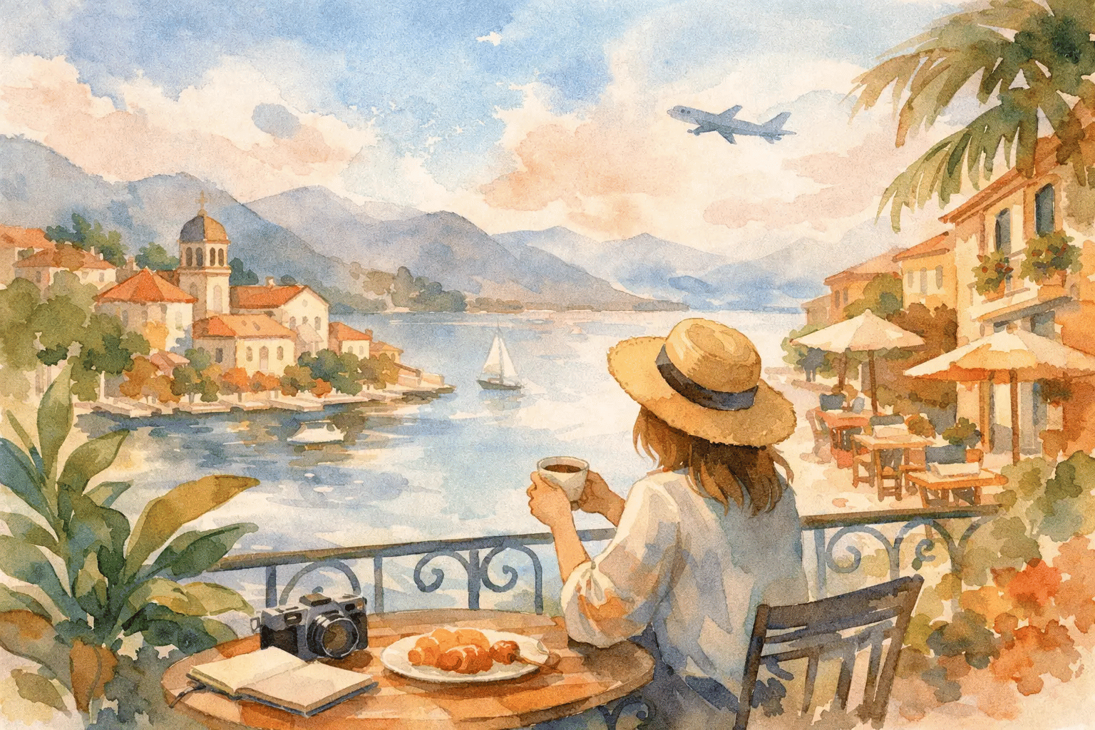 Watercolor painting of a woman with long hair and a straw hat sitting at a balcony table, holding a cup of coffee, with a camera, an open book, and a plate of croissants, overlooking a lake with sailboats, colorful buildings, mountains, and a plane flying in the sky.