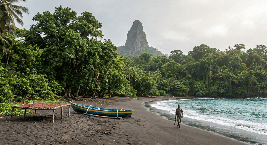 Remote volcanic beach surrounded by rainforest trails and cacao. A man is walking on the beach next to a simple wooden fishing boat and a cacao drying rack.