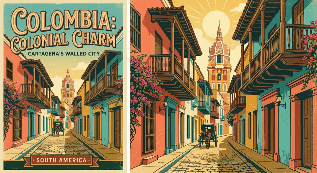 Cartagena's Walled City captures a quiet, sun-drenched street lined with colorful, flower-draped balconies, evoking the romantic and historical ambiance