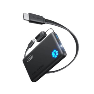 A video capture device with cables connected, and an LED indicator glowing blue.