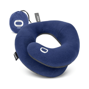 Blue travel neck pillow with a matching carrying case