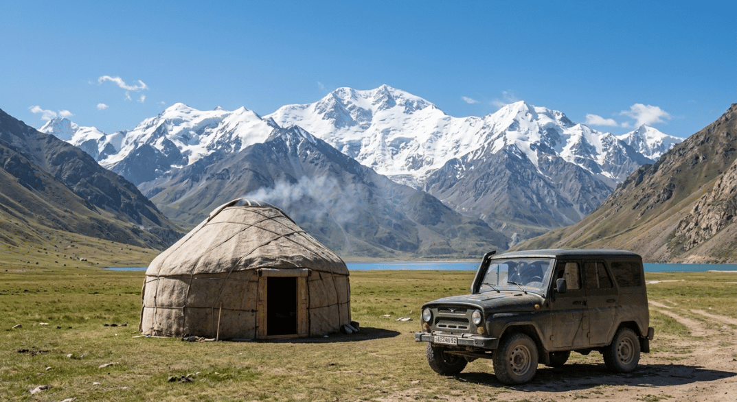 A traditional Kyrgyz yurt in a high mountain valley near Lake Issyk-Kul with a rugged, Soviet-era 4x4, illustrating the juxtaposition of nomadic tradition and regional history.