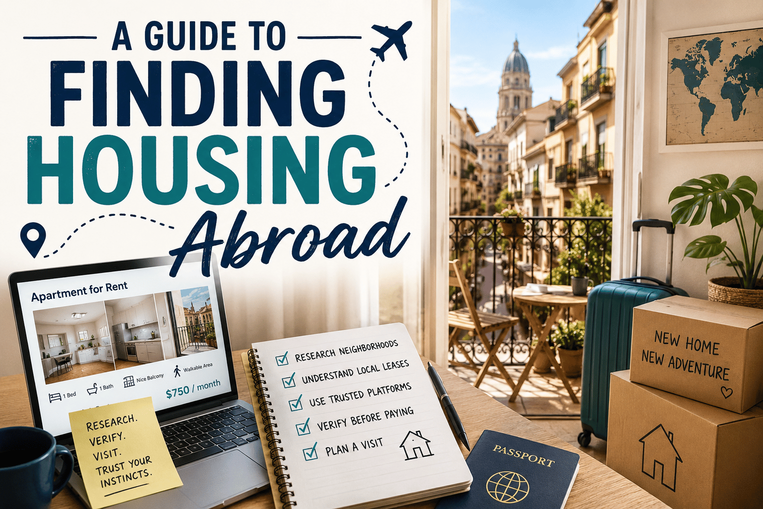 a guide to find housing abroad with a computer and a checklist