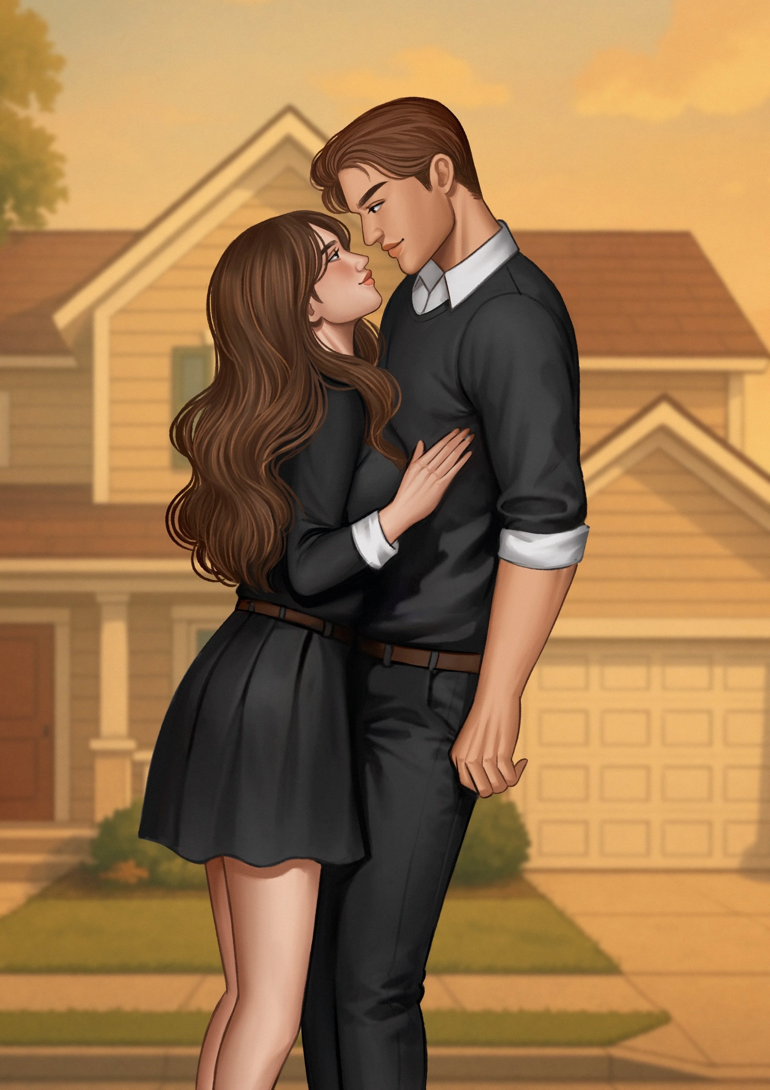 A young couple stands close together in front of a house during sunset, looking into each other's eyes, with the woman holding the man's chest.