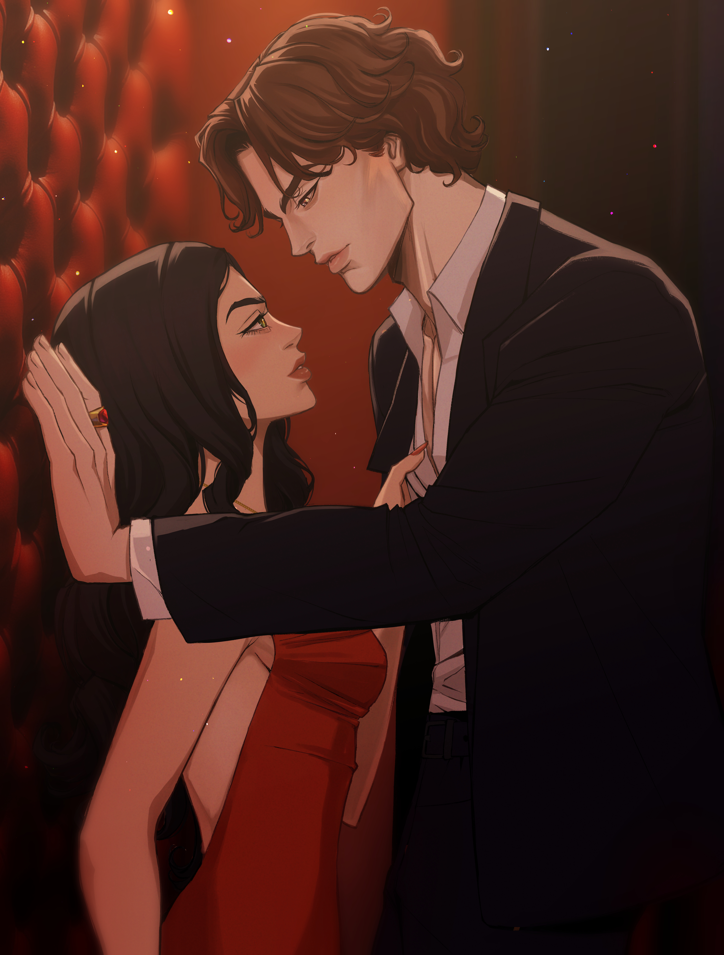 Illustration of a romantic moment between a man and a woman in an elegant setting, with warm lighting and a red upholstered background.