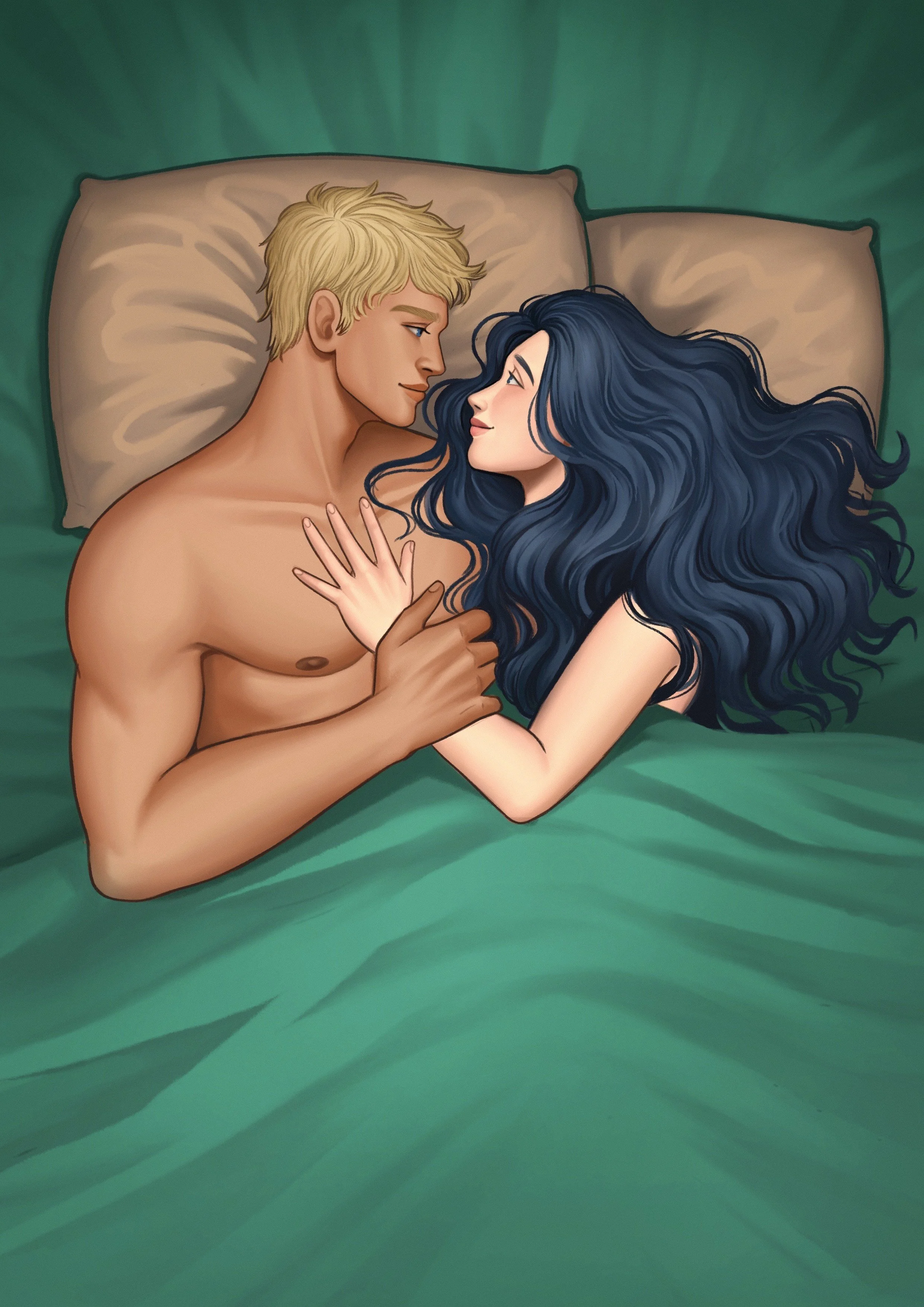 Illustration of a shirtless man with blonde hair and a woman with long blue hair lying on a bed, looking into each other's eyes, with the woman's hand resting on the man's chest.