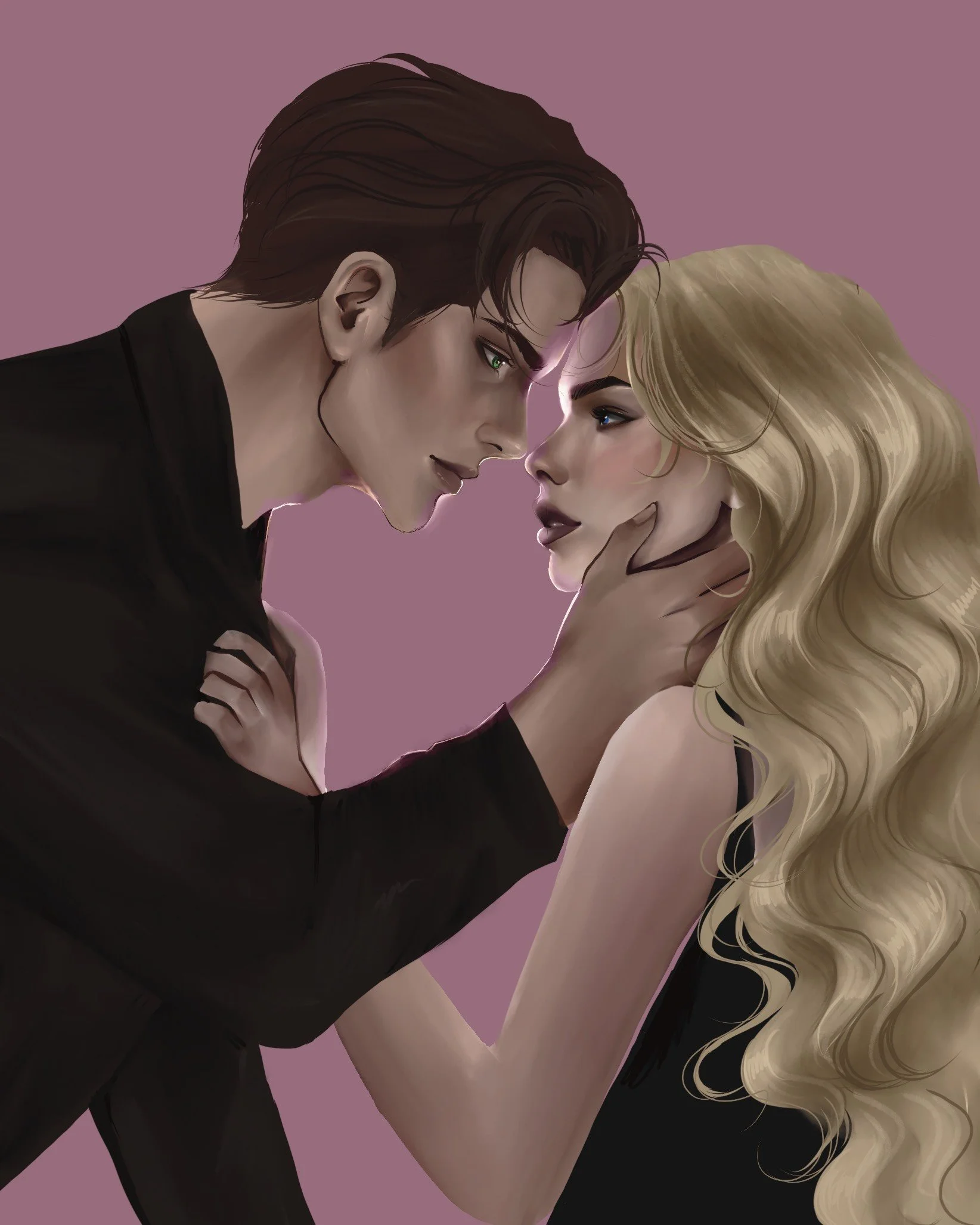 A digital painting of a man and woman close together, with the man holding the woman's face and leaning in towards her, set against a pink background.