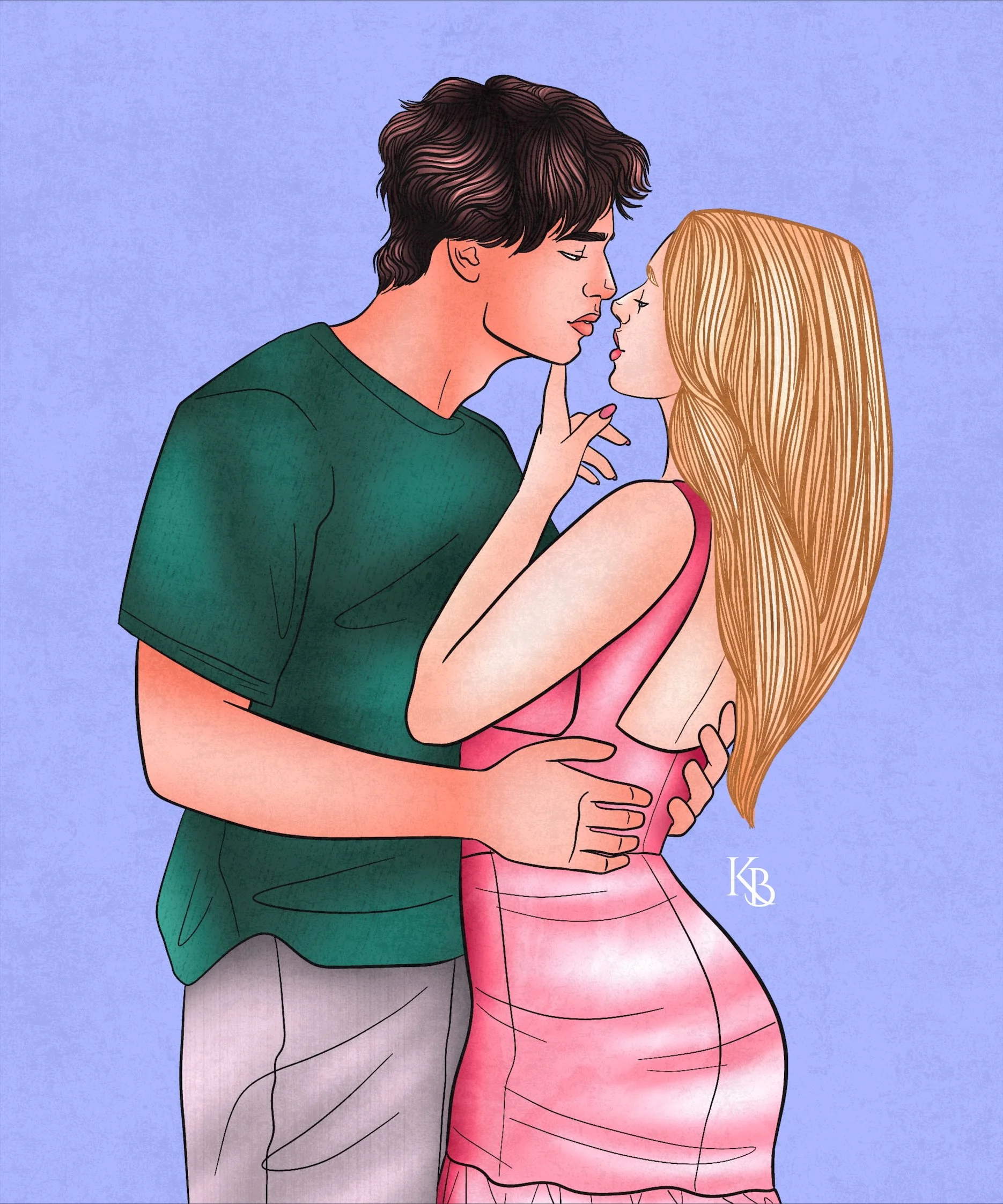 A digital illustration of a young couple in an intimate moment, standing close with their foreheads touching, and one person's finger gently touching the other's lips.