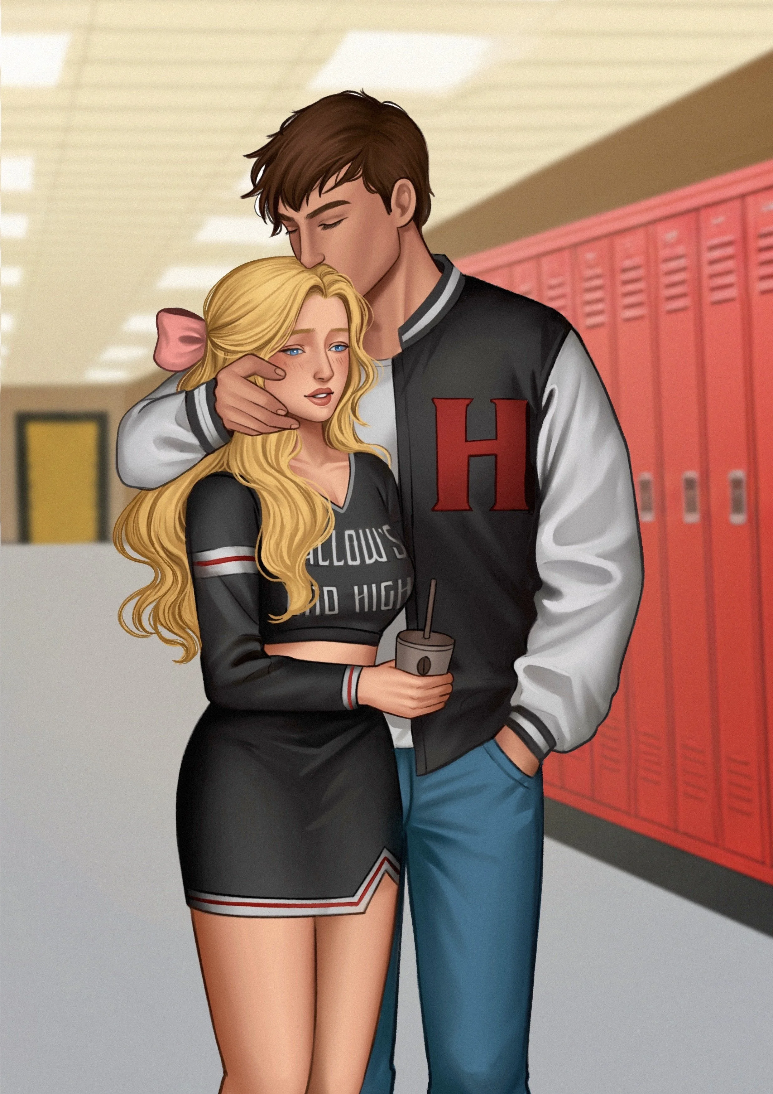 A boy and girl standing in a school hallway with red lockers, with the boy gently holding the girl's head as he kisses her on the forehead. The girl is holding a drink with a straw and looks emotional.