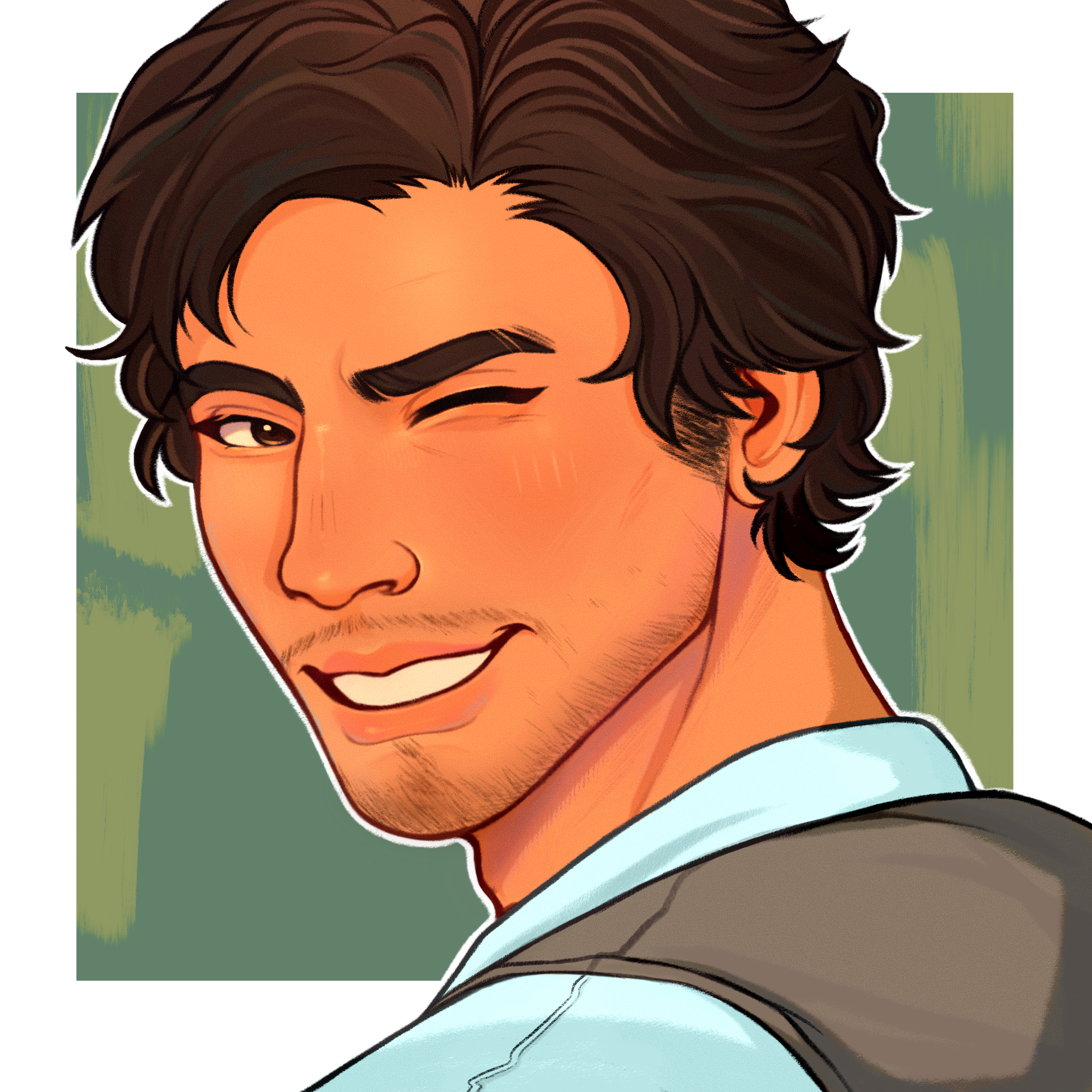 Illustration of a young man with dark wavy hair, one eye winking, smiling, wearing a light blue shirt and gray vest, with a green blurred background.