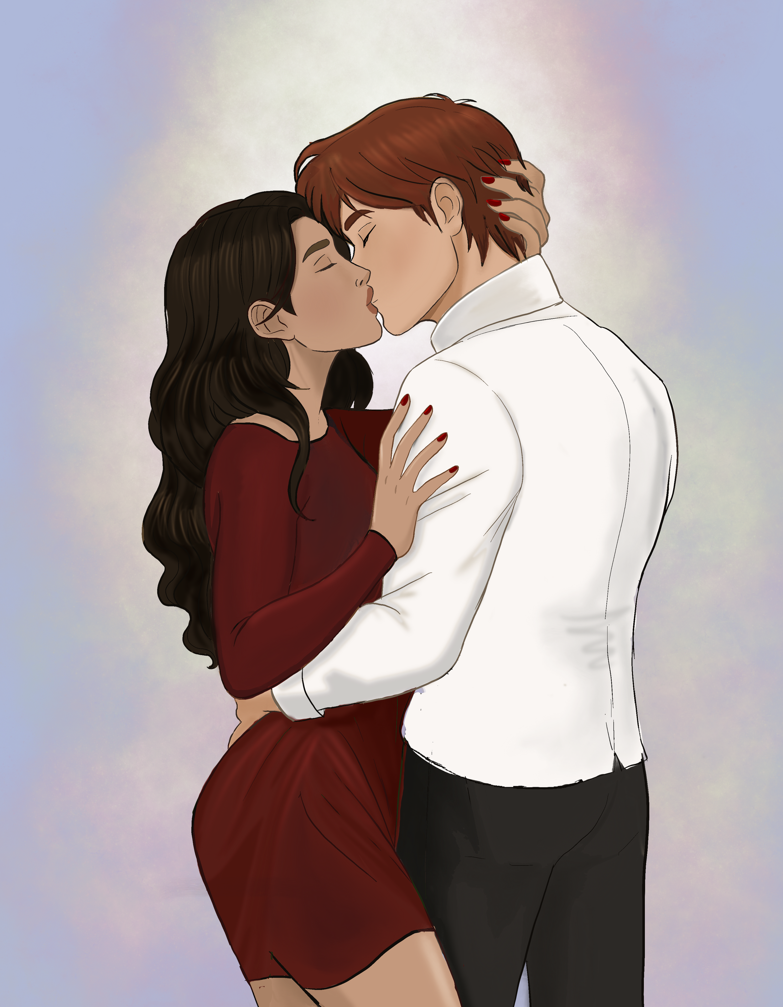 An illustration of a couple kissing, with the woman wearing a red dress and the man wearing a white shirt.