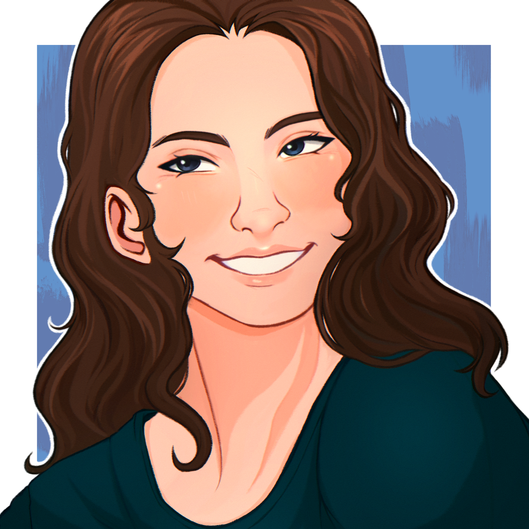 Digital illustration of a smiling woman with wavy brown hair and blue eyes, wearing a dark teal top, against a blue background.