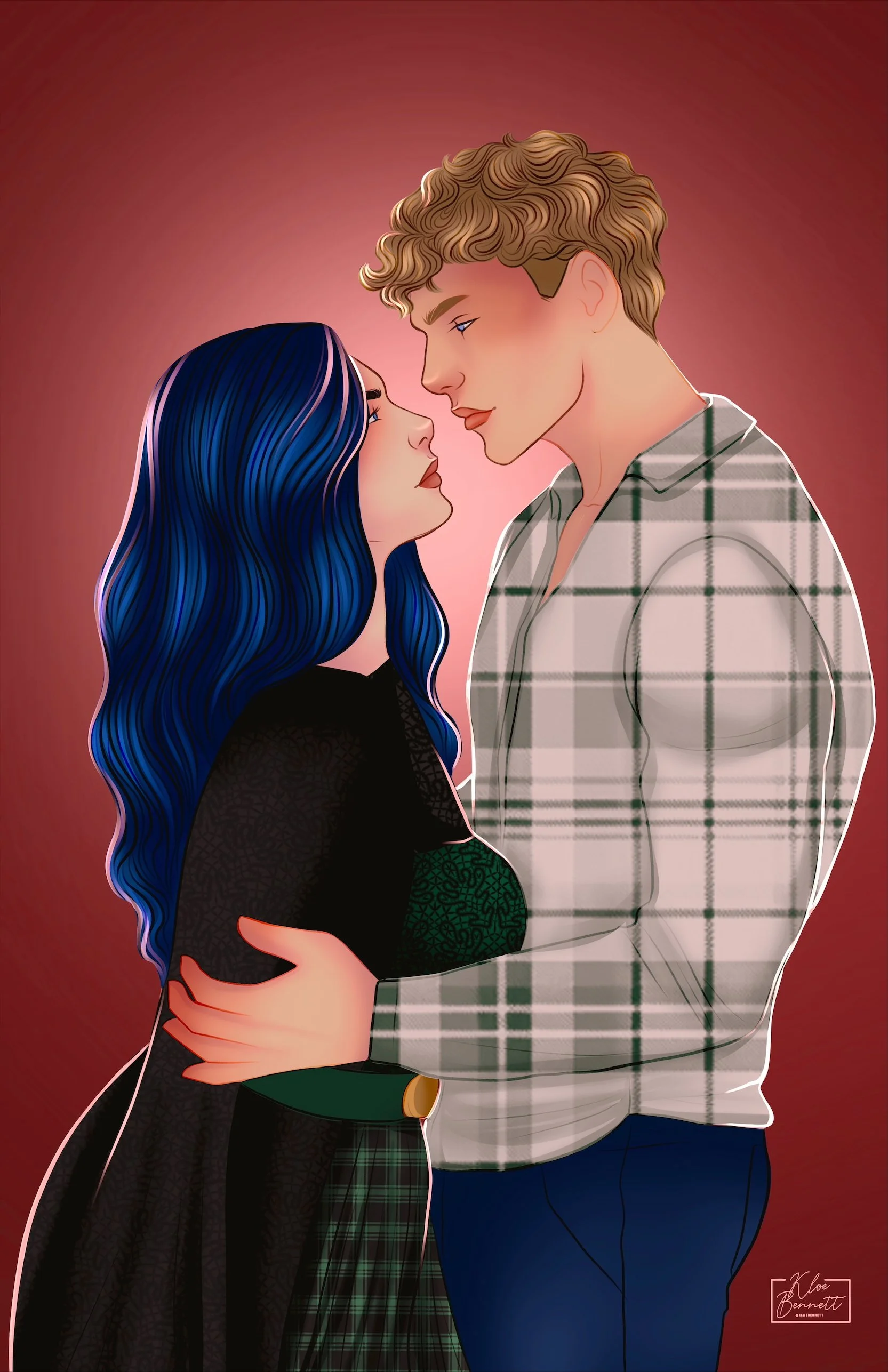 A digital illustration of a man and woman close together, gazing into each other's eyes, with the man's arm around the woman's waist against a gradient reddish background.