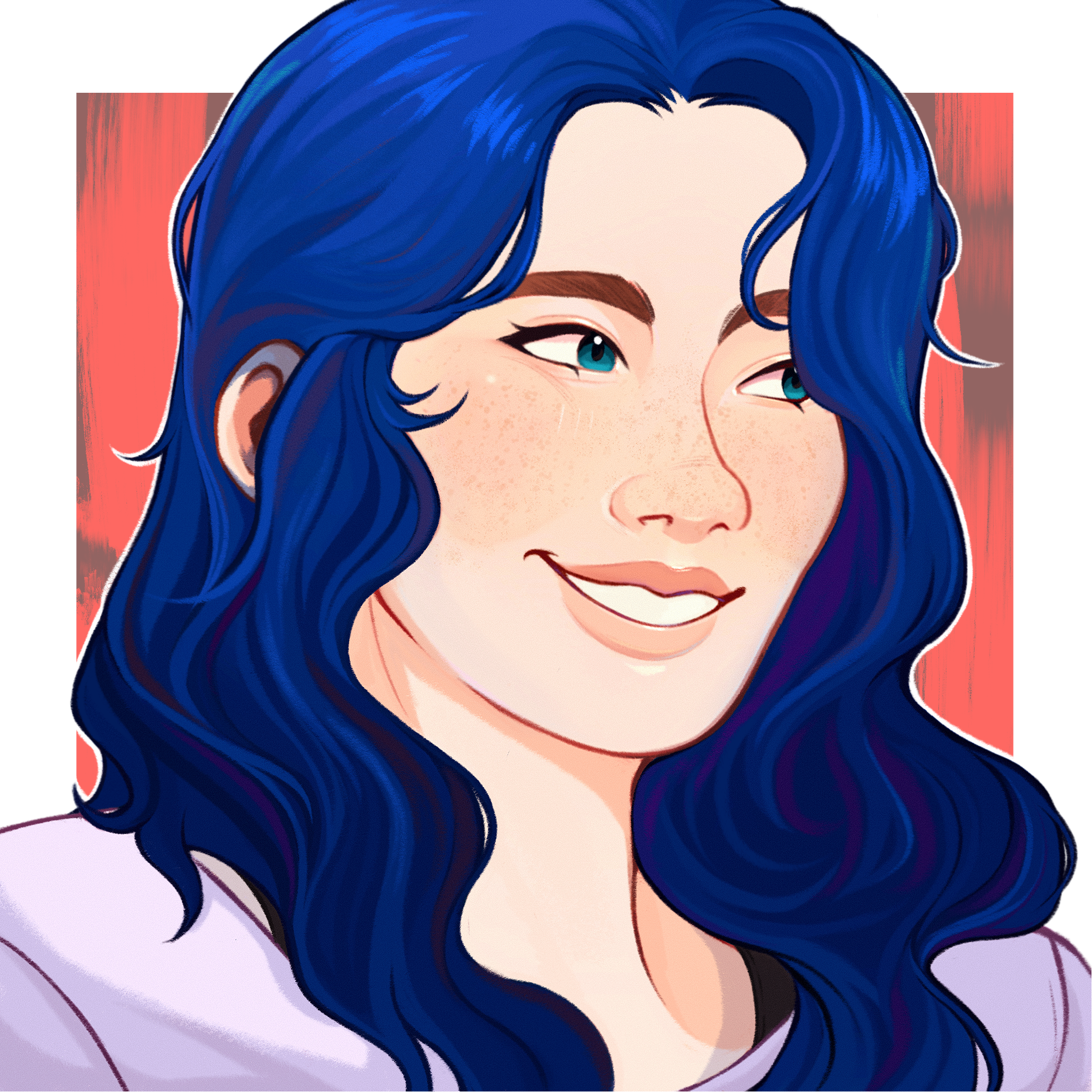 Digital illustration of a woman with long, wavy blue hair winking and smiling, against a red and orange background.