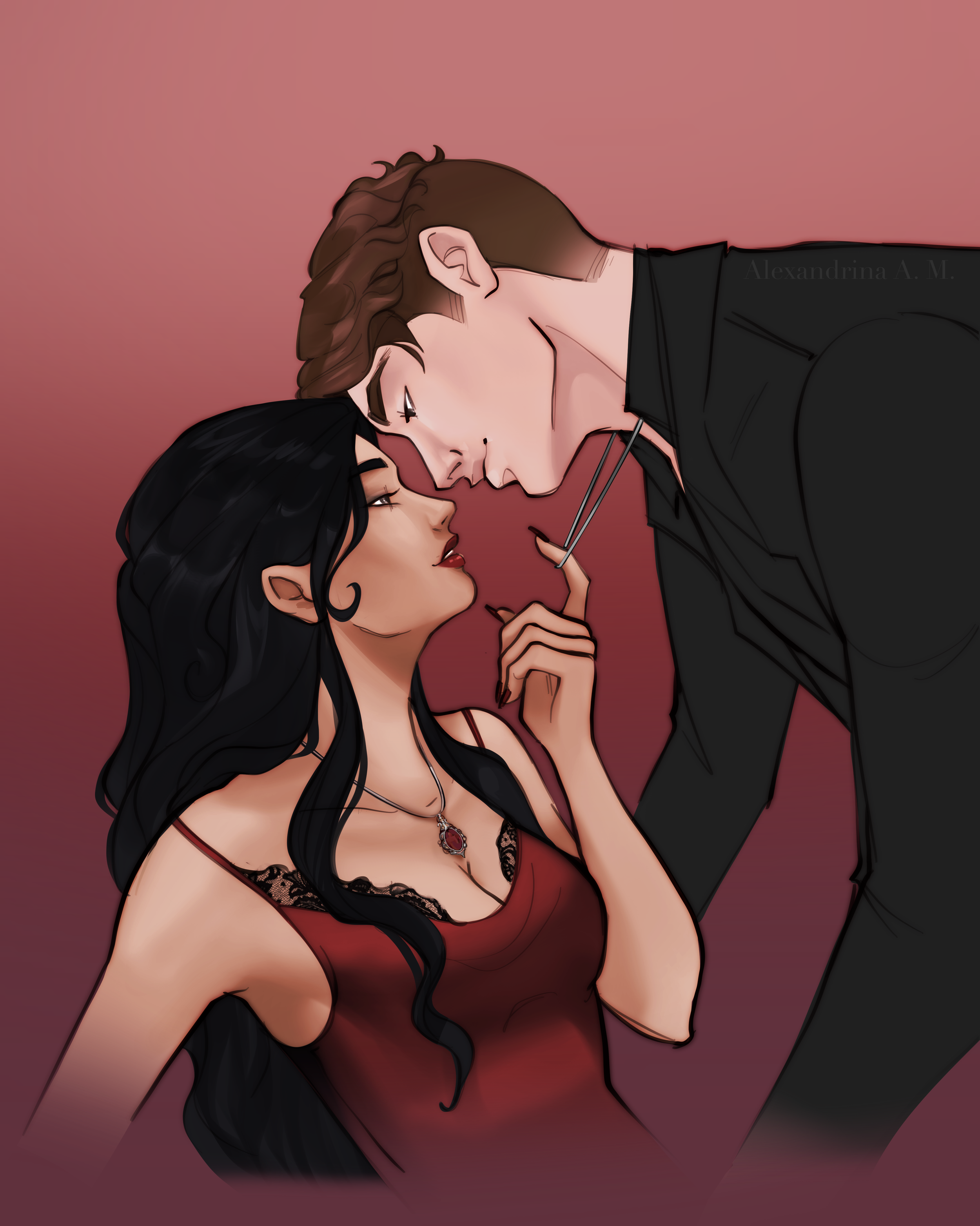 A man and woman are close together, looking intensely into each other's eyes, with the woman touching the man's chin and the man leaning over her, against a reddish background.