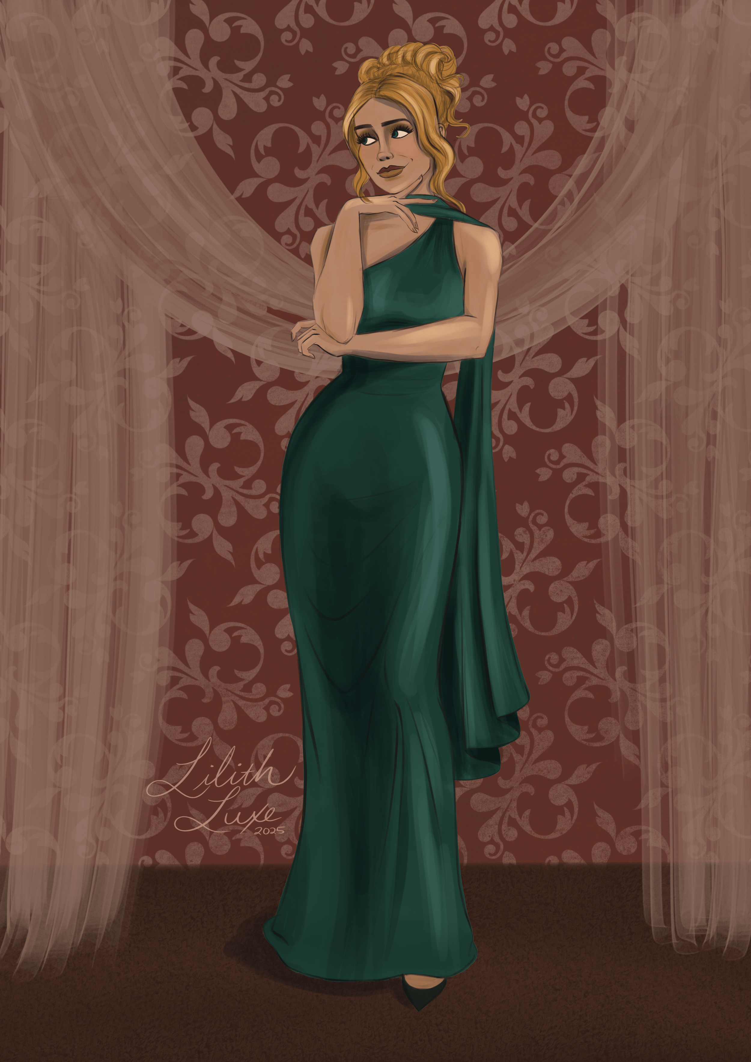 Illustration of a woman in an elegant dark green evening gown standing before a patterned curtain backdrop.