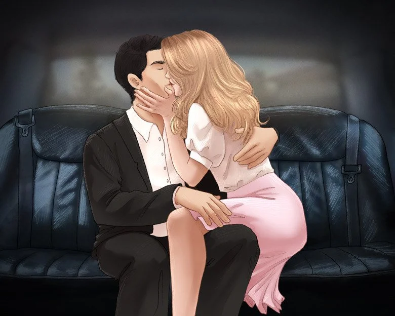 A man and woman sharing a kiss on a dark blue leather couch