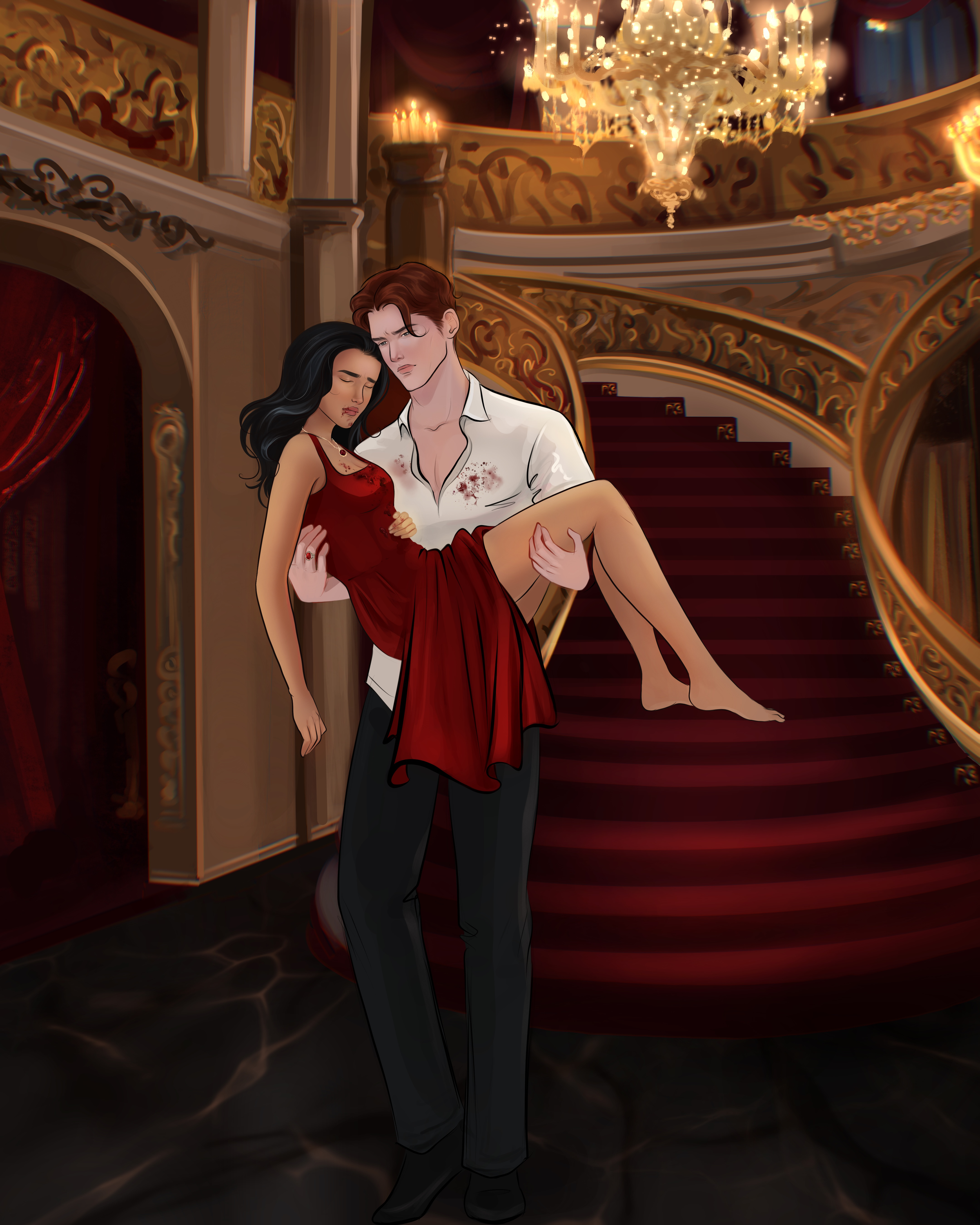 A man with light skin, brown hair, and messy shirt carrying a woman with dark hair and dark skin, wearing a red dress, up a grand staircase in an ornate, luxurious building with chandeliers and gold decorative details.
