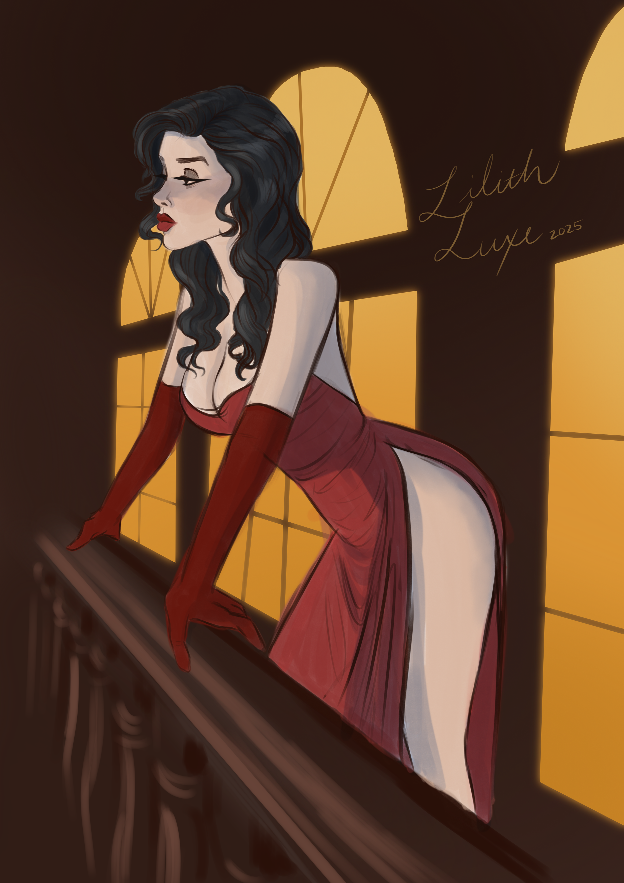 A digital illustration of a woman with long black curly hair and red lipstick, wearing a red gown and long red gloves, leaning on a balcony railing in front of large yellow-lit windows at sunset.