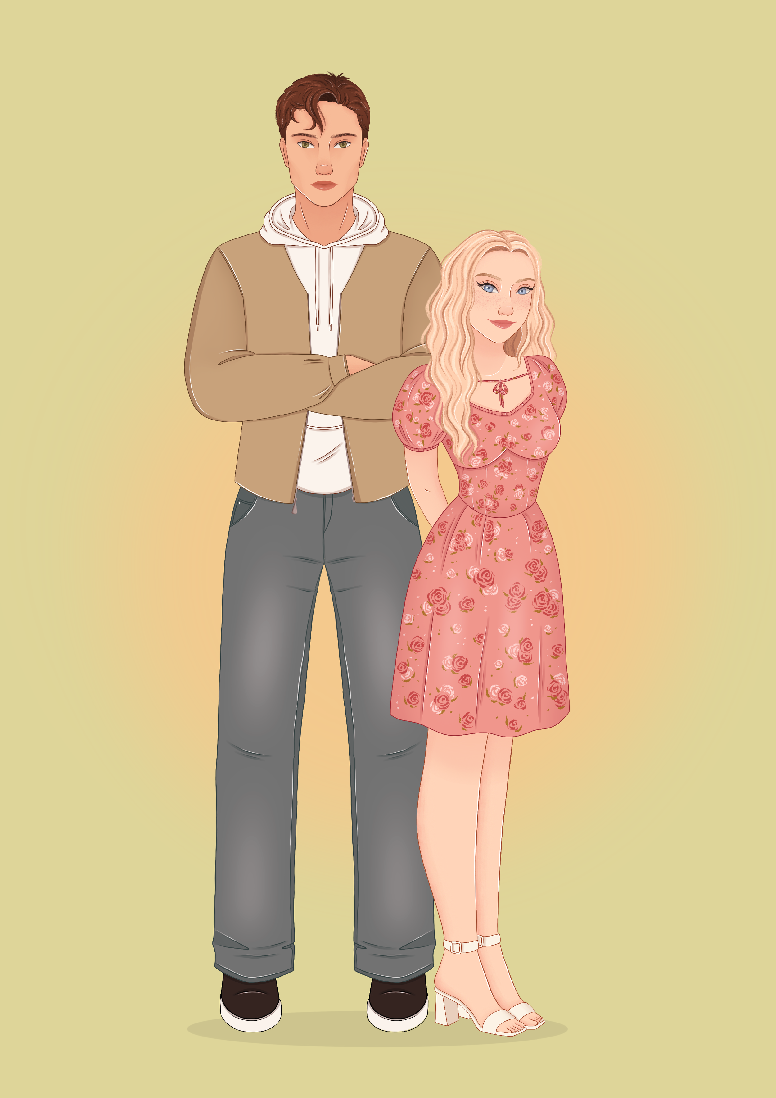 A digital illustration of a young man and woman standing side by side against a plain light background. The man has brown hair, green eyes, and is dressed in a beige jacket over a white hoodie, with gray jeans and black shoes. He has his arms crossed