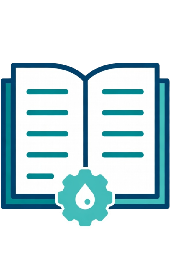 Open book with a gear and water droplet icon at the bottom, representing technical or instructional content.