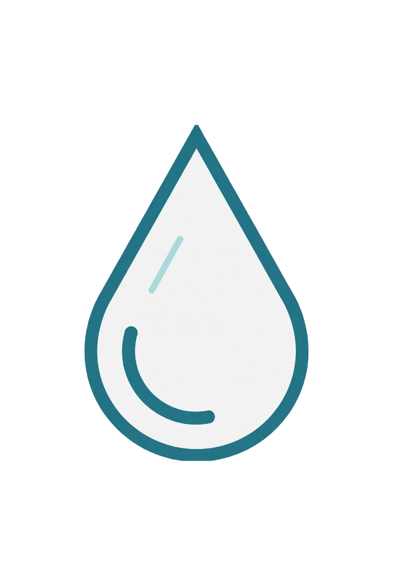 A graphic illustration of a water droplet with a blue outline and a small highlight