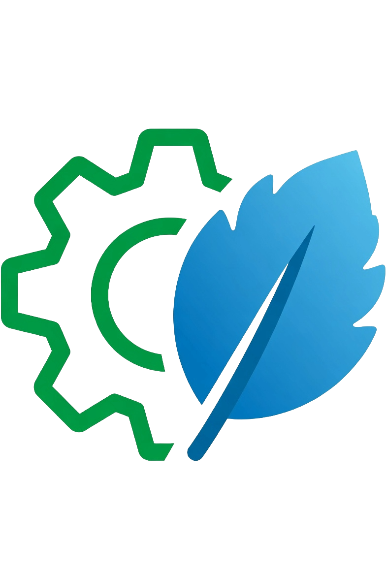 A gear icon with a leaf overlay, symbolizing eco-friendly or sustainable technology.
