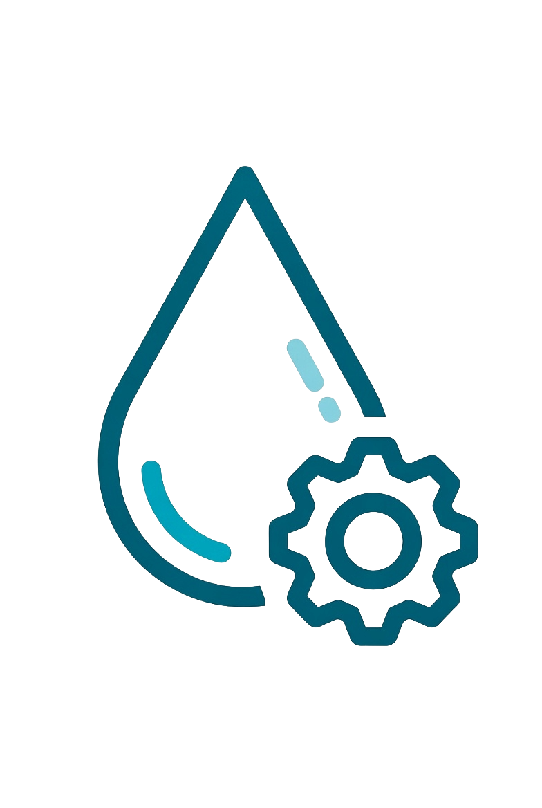 A teal-colored water droplet symbol with a gear icon overlay, representing water management or water technology.