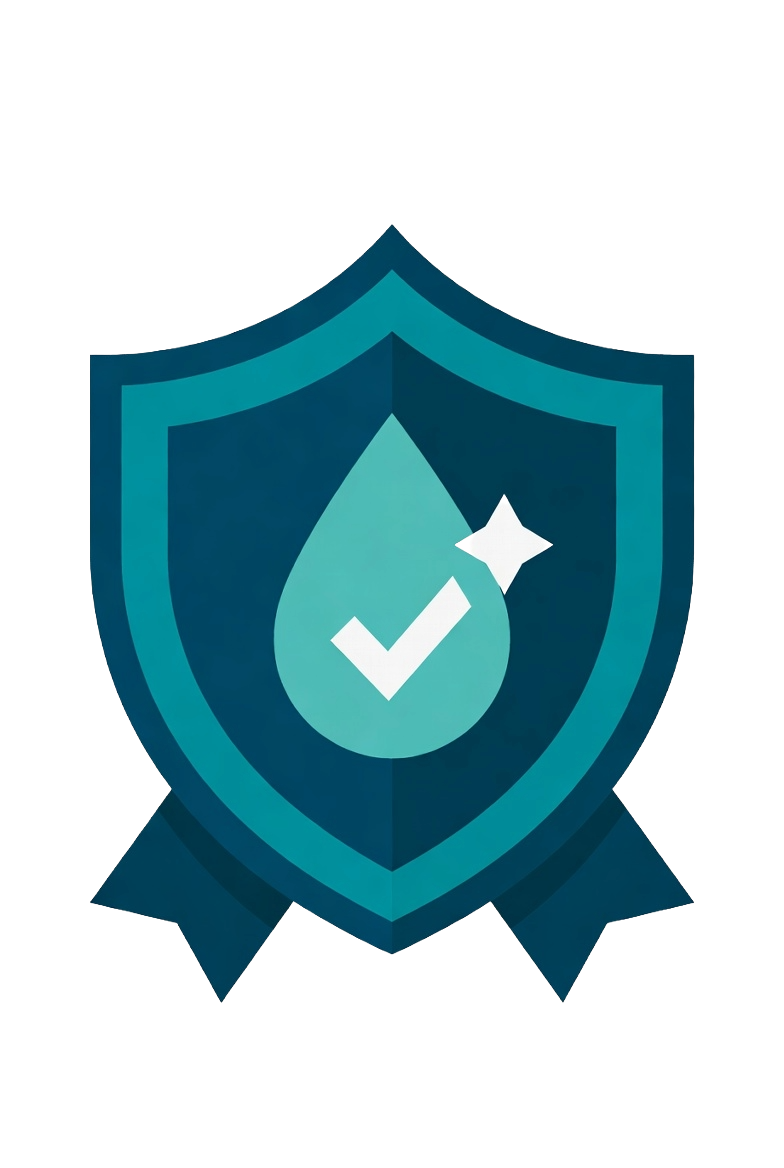 A shield emblem with a water droplet and a check mark, surrounded by a ribbon.