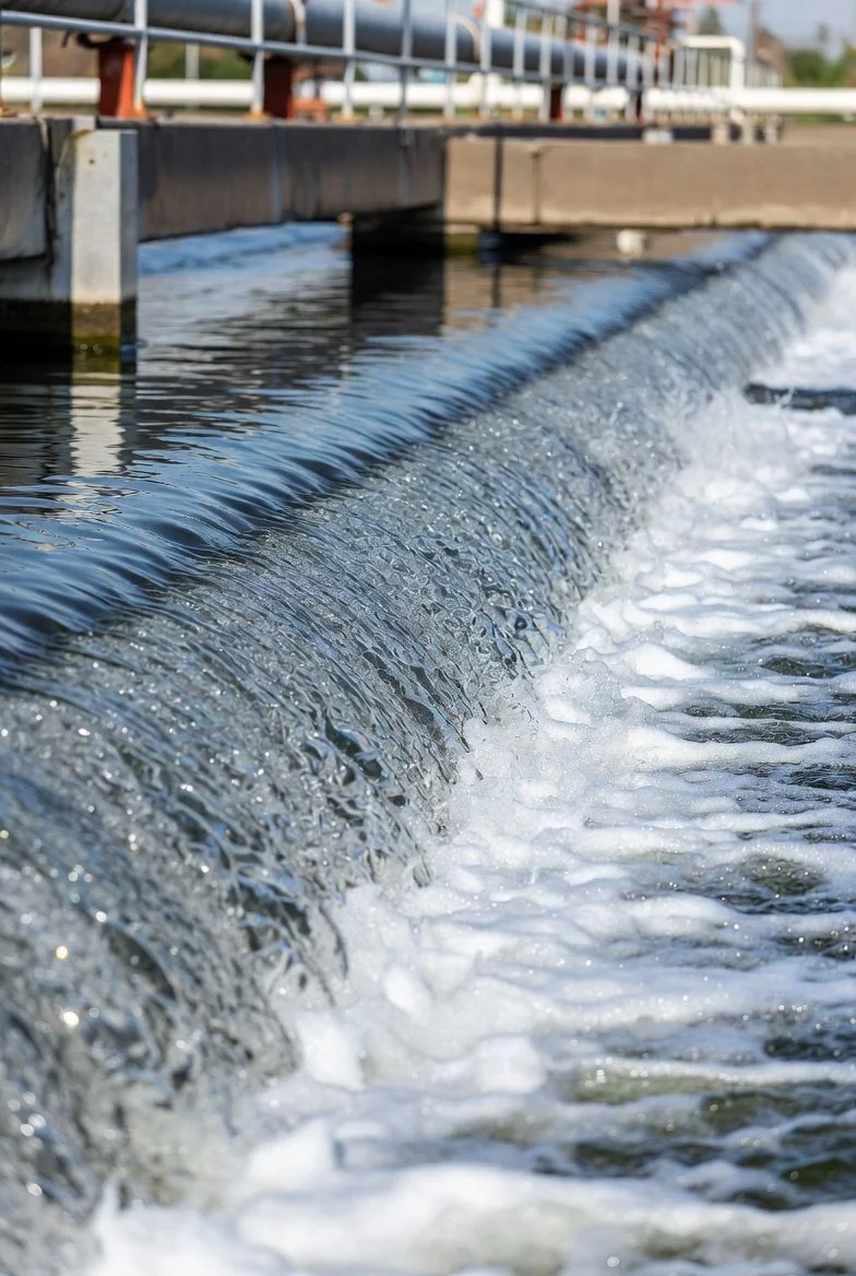Over a small waterfall or weir on a river or canal, with water flowing over a concrete edge and creating foam below, and some infrastructure and buildings in the background.
