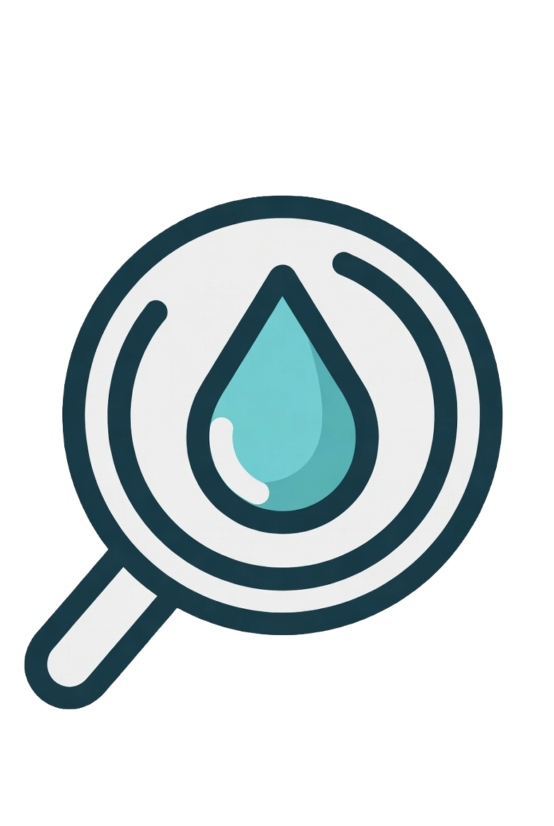 Magnifying glass with a water droplet symbol inside, representing water inspection or analysis.