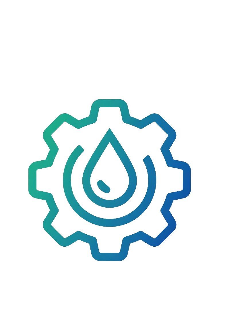 A gear icon with a water droplet inside, representing water management or conservation.