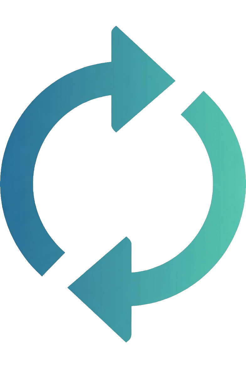 A circular two-arrow refresh icon with gradient blue and green colors on a black background.