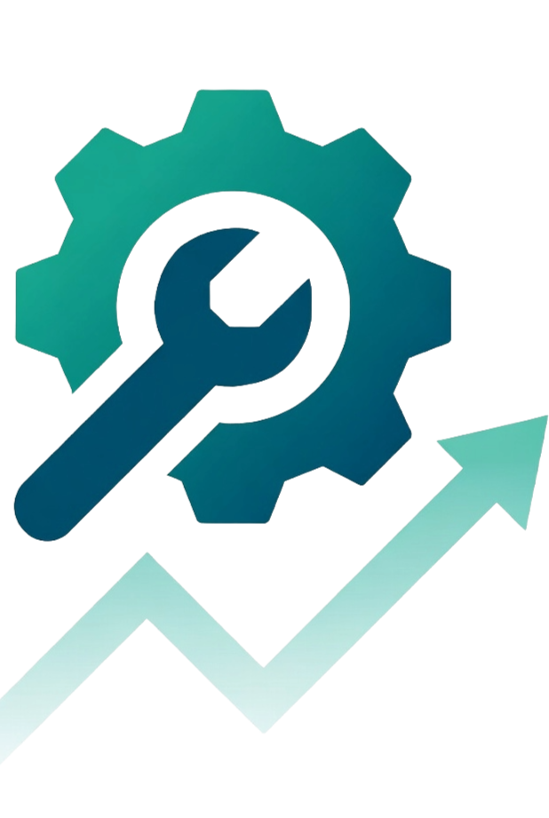 A gear with a magnifying glass inside it, and an upward-pointing arrow, indicating settings or maintenance improvement.