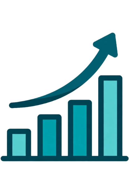 A bar graph with increasing bars and an upward arrow indicating growth or progress.