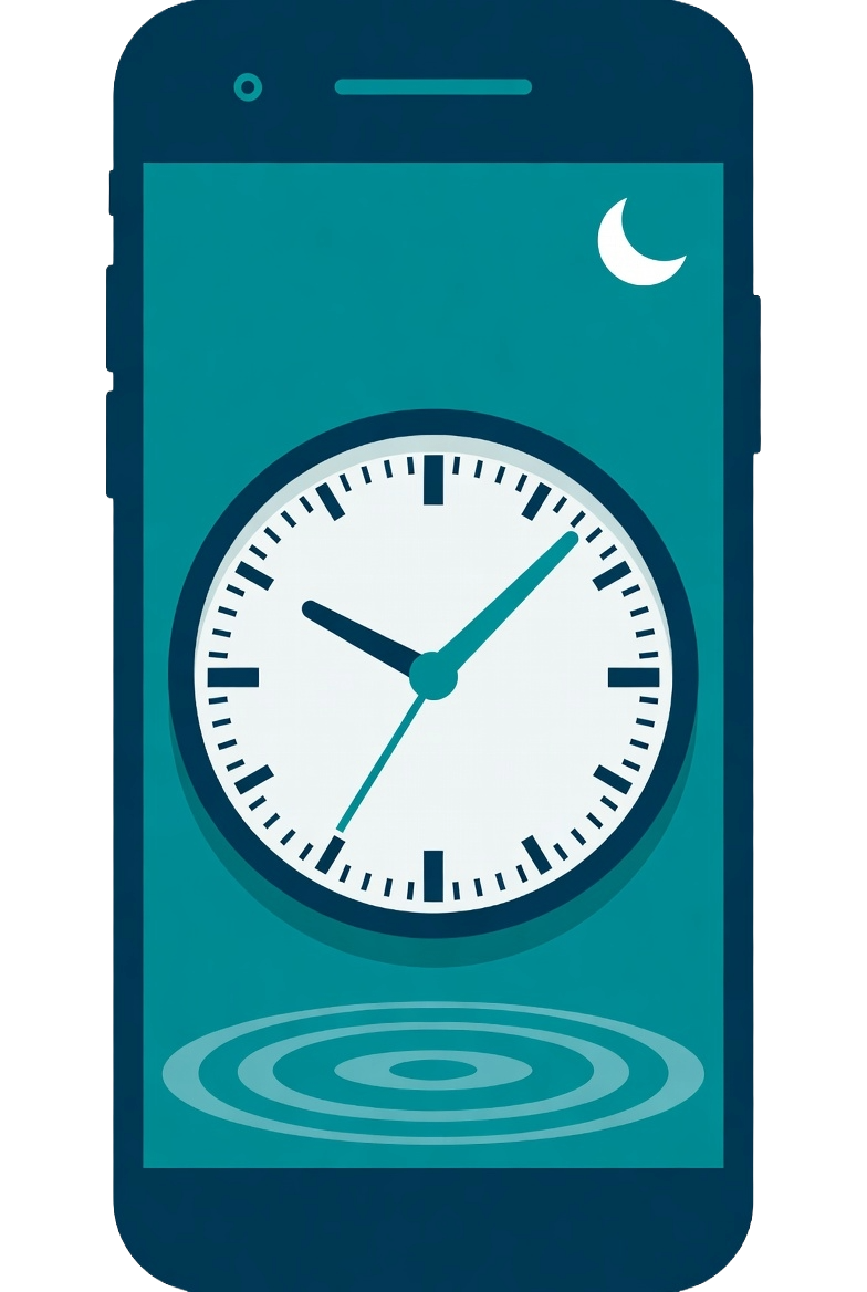 Smartphone displaying a clock, a night sky with a crescent moon, and a rippling water effect at the bottom.