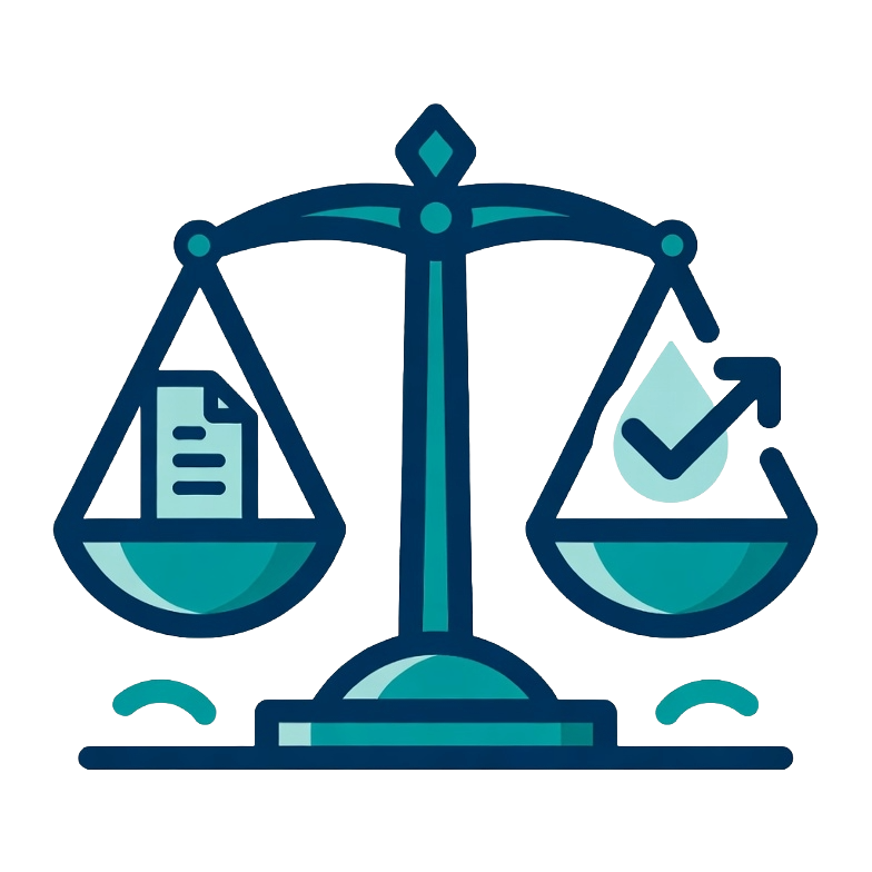 A stylized illustration of a balance scale with two pans; one pan holds a document icon, and the other has a check mark with an upward arrow, representing justice, analysis, or assessment.