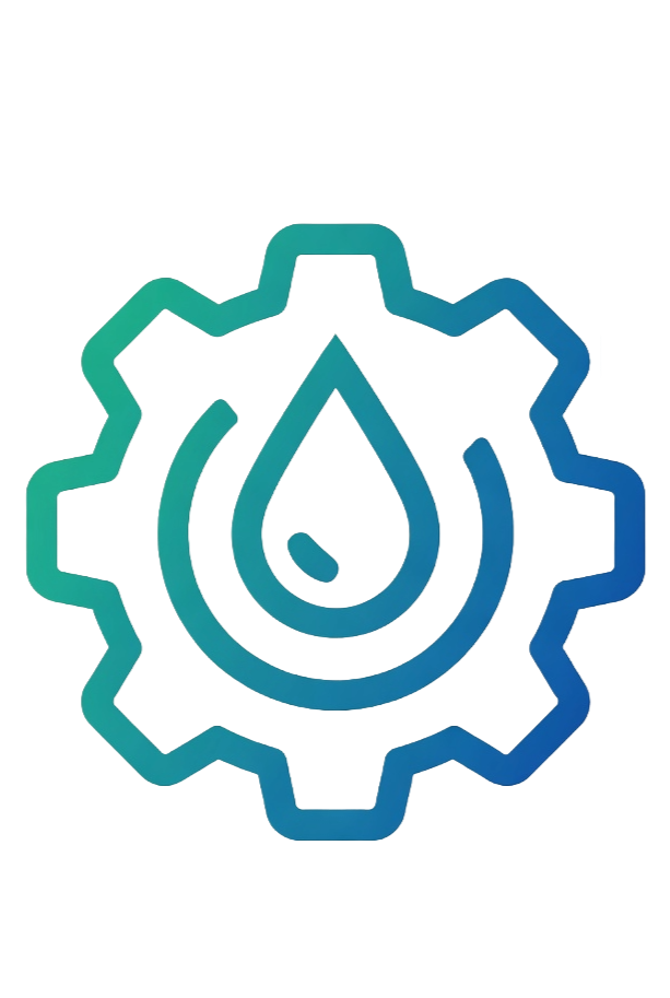 A gear with a gear-shaped outline surrounding a droplet of water in the center, representing water or fluid technology.